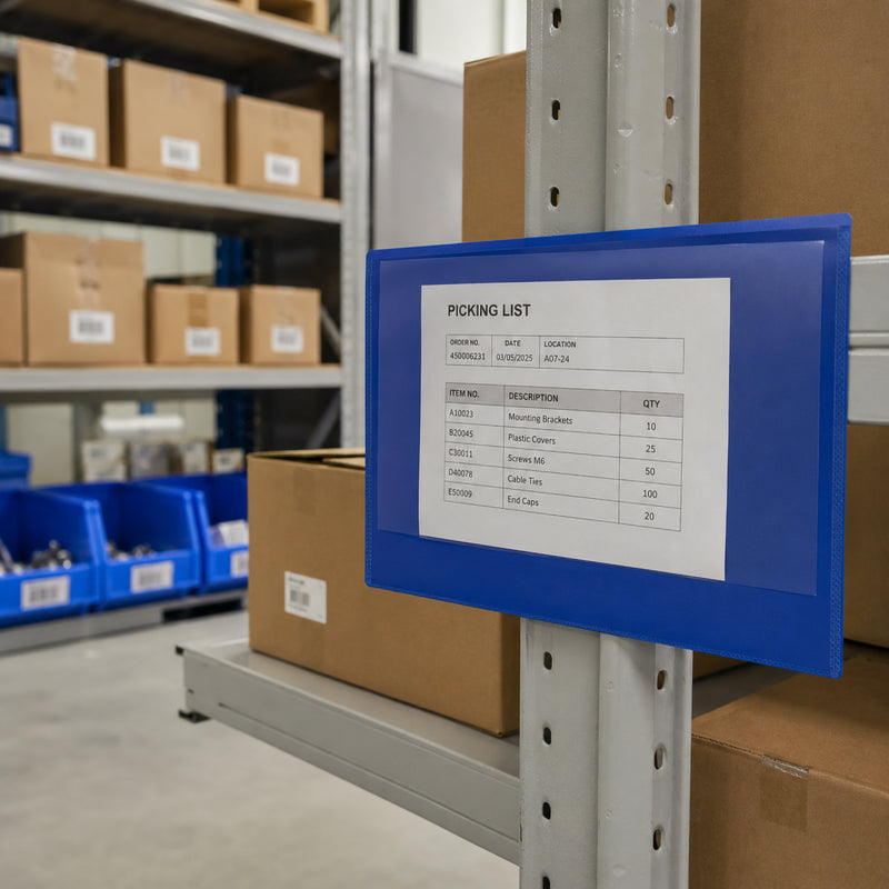 A Durable A4 Landscape Magnetic Document Pouch attached to warehouse racking displays a picking list beside storage cartons and shelving. The document holder provides organised, highly visible information for efficient warehouse operations.