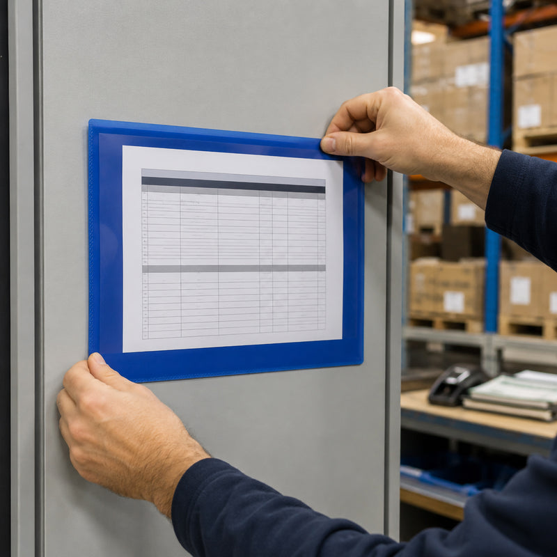 Warehouse staff member positions a Durable A4 Landscape Magnetic Document Pouch onto a metal storage cabinet. The blue magnetic holder securely displays a production schedule while allowing quick repositioning and easy document replacement.