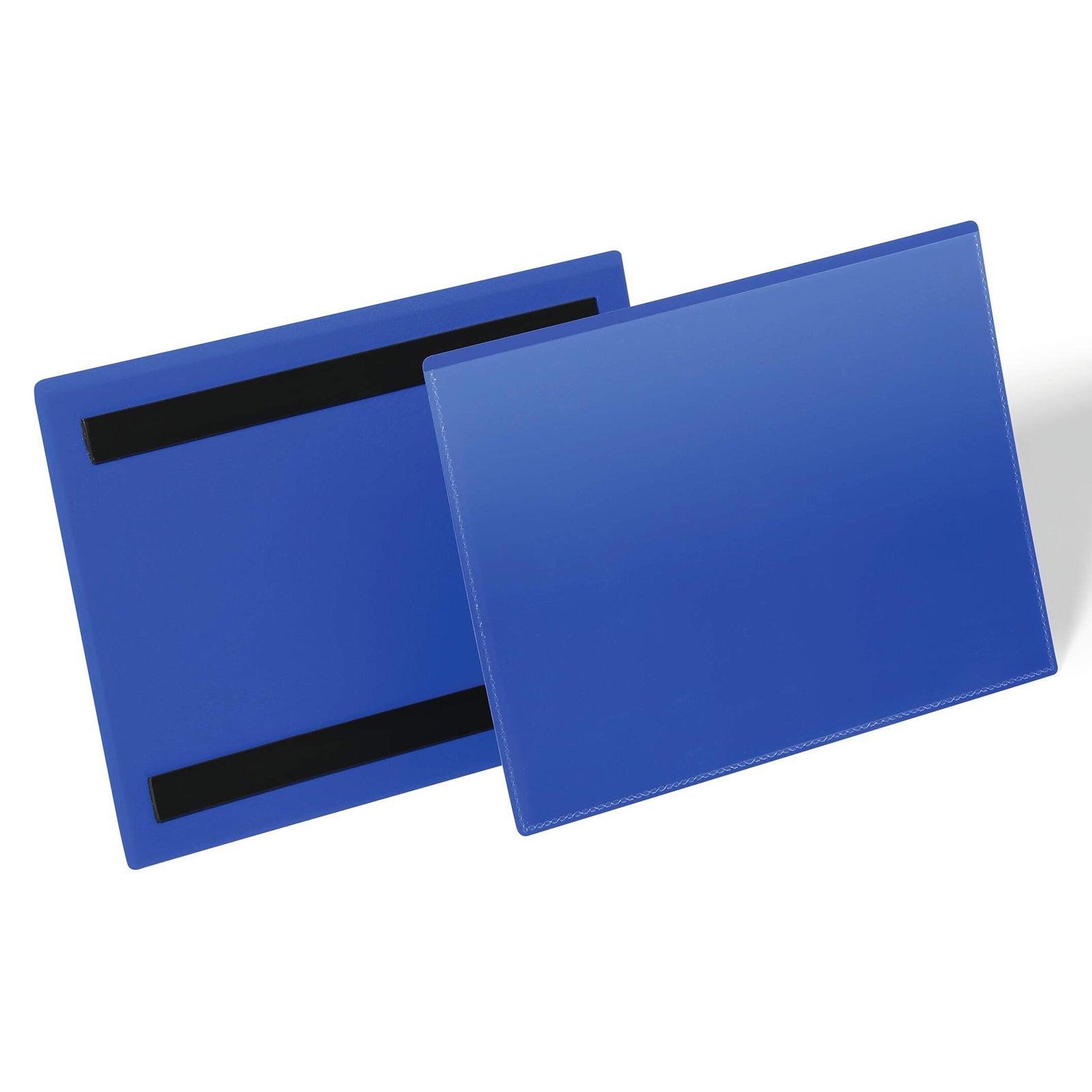 Front and rear view of the Durable Magnetic Document Pouch showing the transparent document sleeve and dual magnetic strips on the reverse. The image highlights the durable polypropylene construction and secure magnetic mounting system.