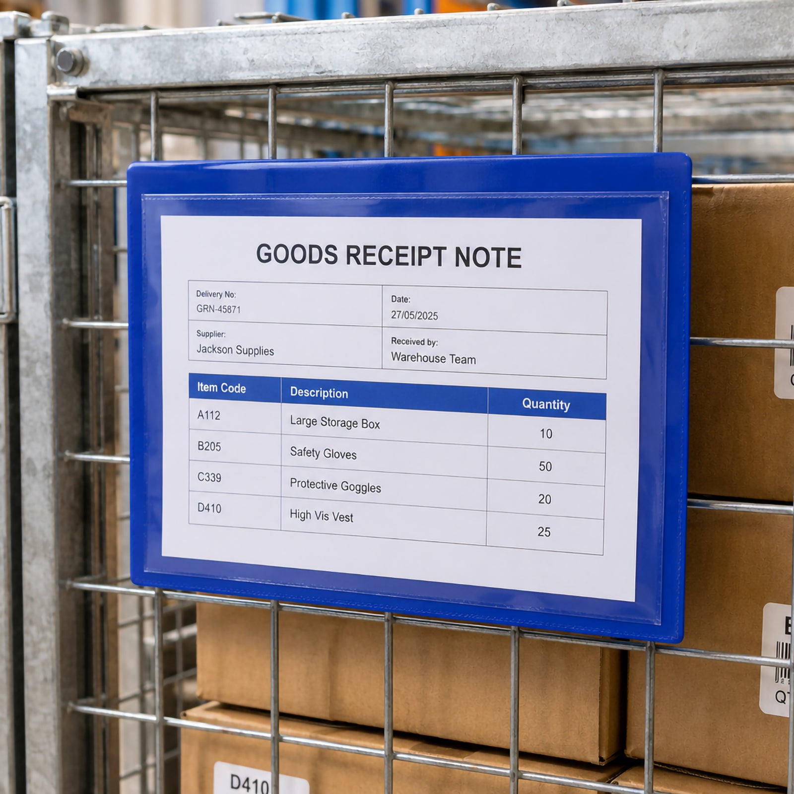 Close up of the Durable A5 Magnetic Document Pouch mounted on a wire storage cage in a warehouse. The transparent front clearly displays a goods receipt document while protecting it from dust and everyday handling.