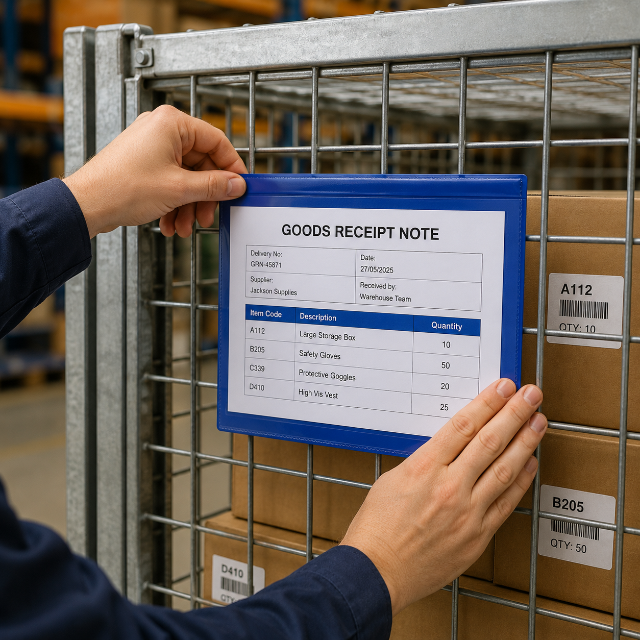 A warehouse employee attaches a Durable A5 Landscape Magnetic Document Pouch to a metal storage cage containing boxed inventory. The large blue document holder securely displays a goods receipt note, making warehouse information easy to access and update.