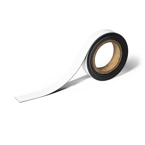 Durable white magnetic labelling tape on a 5 m roll, 30 mm wide, for use on metal surfaces