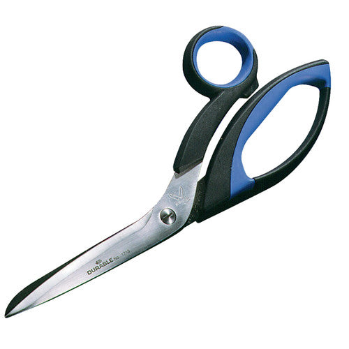 Durable 20cm stainless steel multi-purpose scissors with black and blue handles, shown closed