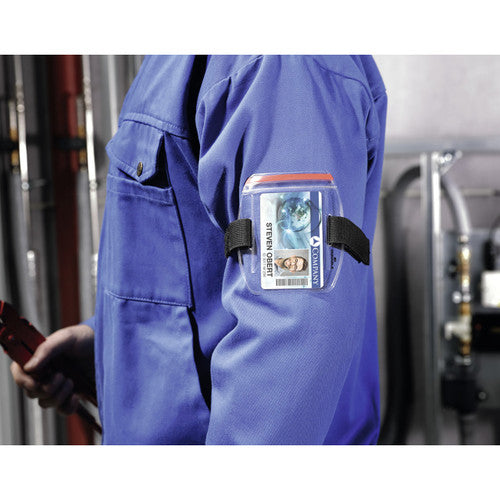 Durable arm band ID holder worn on arm, showing secure fit and card visibility