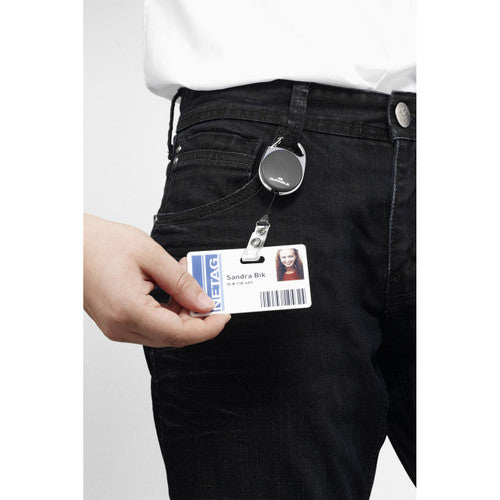 Durable 832401 Badge Reel Style back view showing metal belt clip fastening for shirt pocket, lapel or waistband attachment