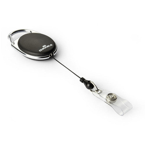 Durable 832401 Badge Reel Style black oval retractable badge reel with snap button strap and metal belt clip, front view showing compact design
