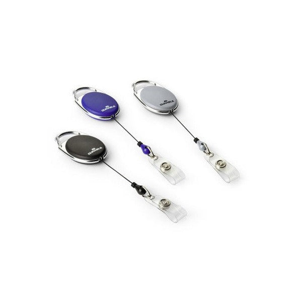 Three Durable Style badge reels in blue, grey and black