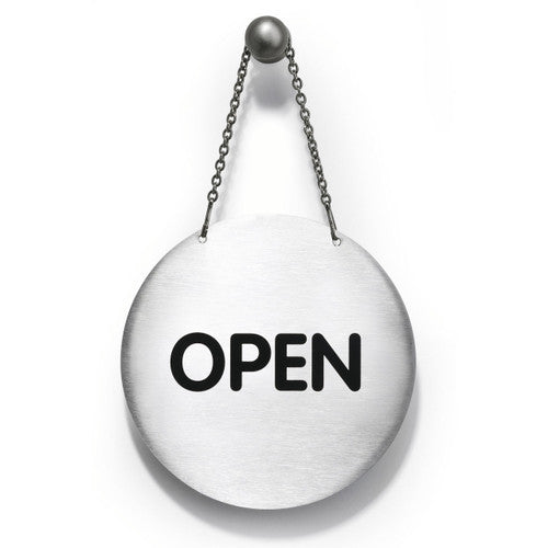 Durable brushed stainless steel Open/Closed reversible pictogram sign, 130mm diameter, silver finish