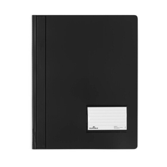 Durable 268001 Premium Flat File in translucent black, front cover with a white ruled label card near the bottom right and a slim bar down the left edge