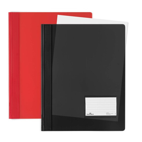Black Premium Flat File in front of a red file, with a white sheet showing through the translucent black cover at the top edge