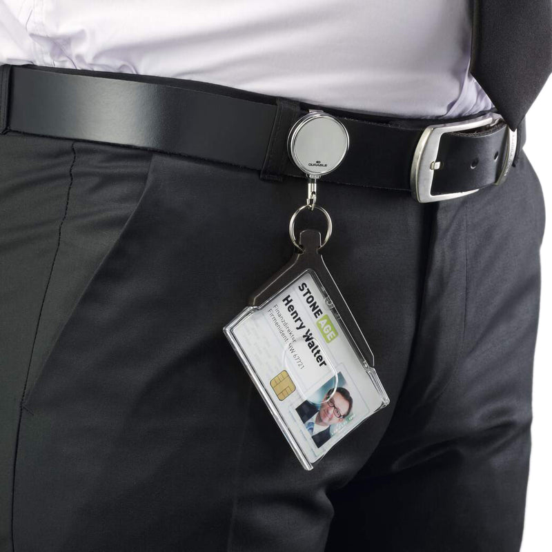 Durable Pro Duo card holder clipped by its chrome reel to a belt, displaying a staff photo ID card