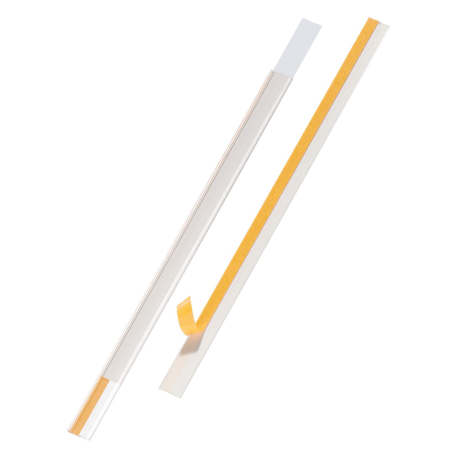 Studio image showing the Durable Scanfix Self Adhesive Label Strip with transparent plastic profile, self adhesive backing and removable insert against a clean white background.
