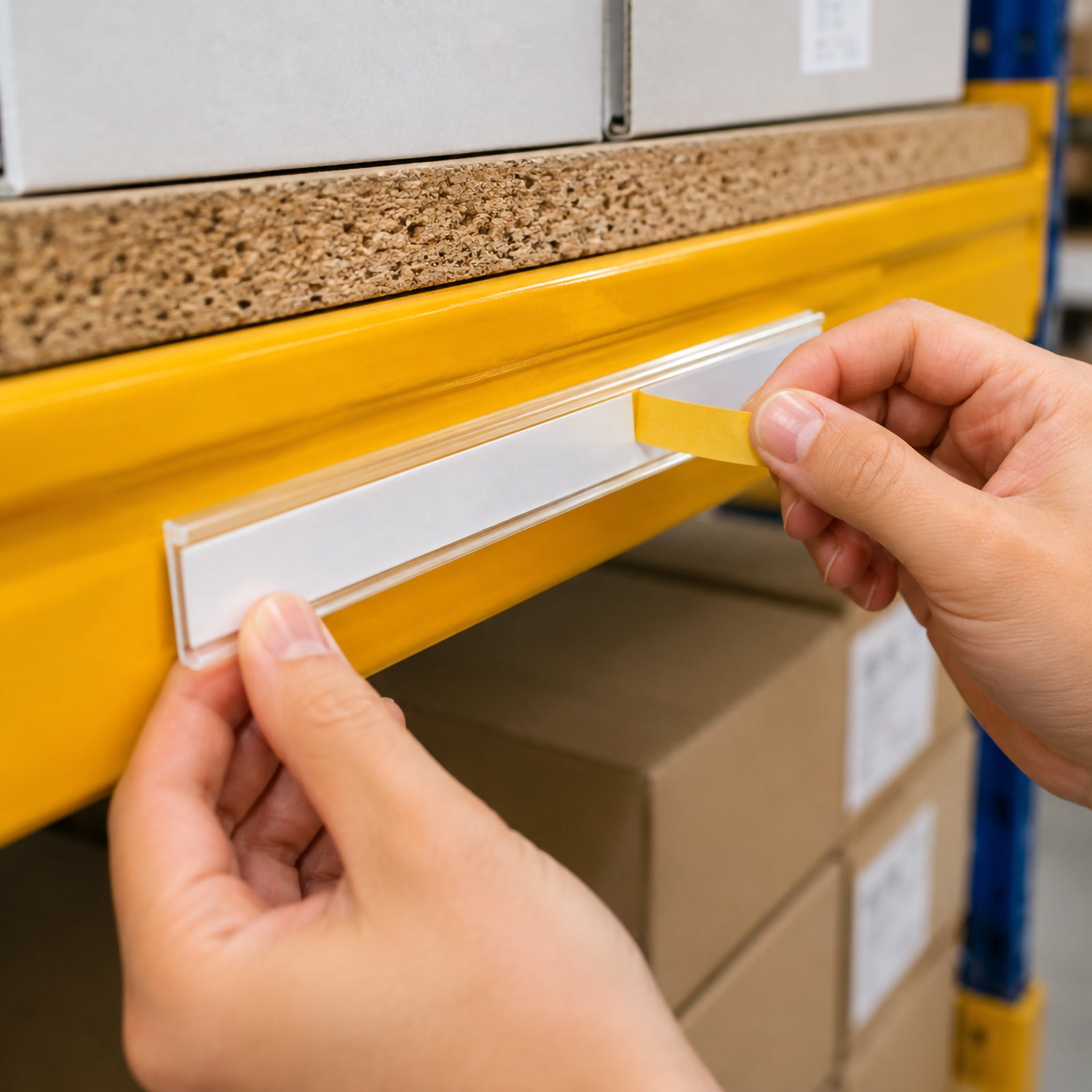 Close up of hands installing a blank insert into the Durable Scanfix Self Adhesive Label Strip on industrial warehouse shelving, demonstrating the easy top and side opening for fast label replacement.