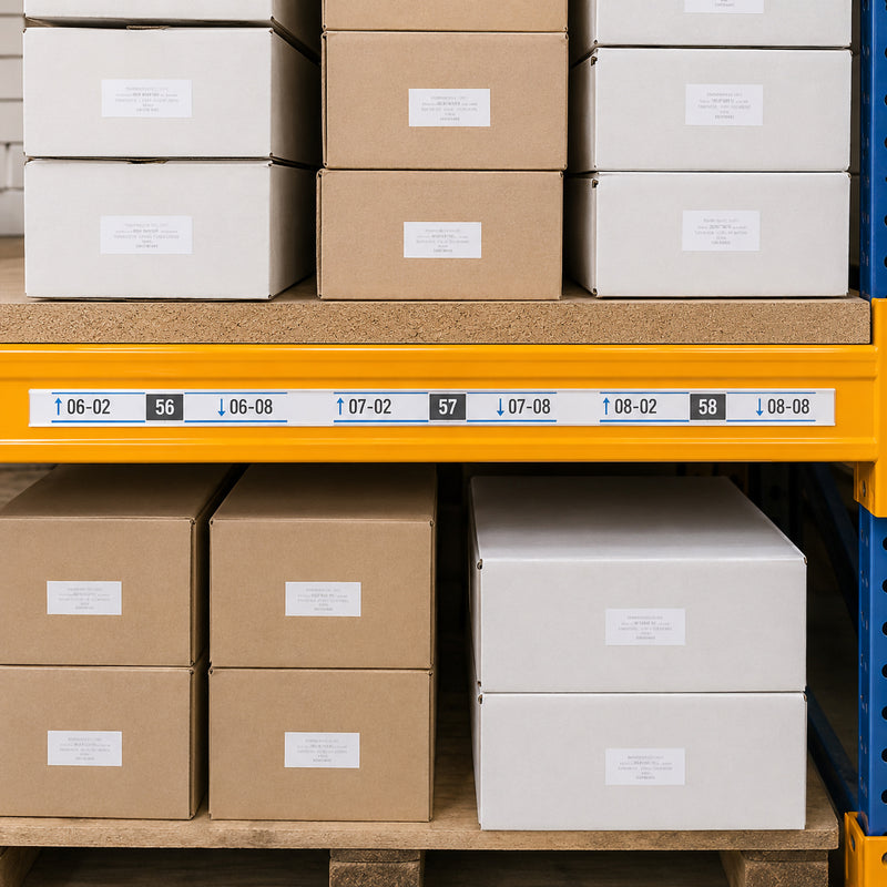 Front facing view of the Durable Scanfix Self Adhesive Label Strip installed across a warehouse storage rack beam. The transparent label holder displays printed shelf location identifiers and barcode references, helping organise inventory and improve picking accuracy in an industrial shelving system.