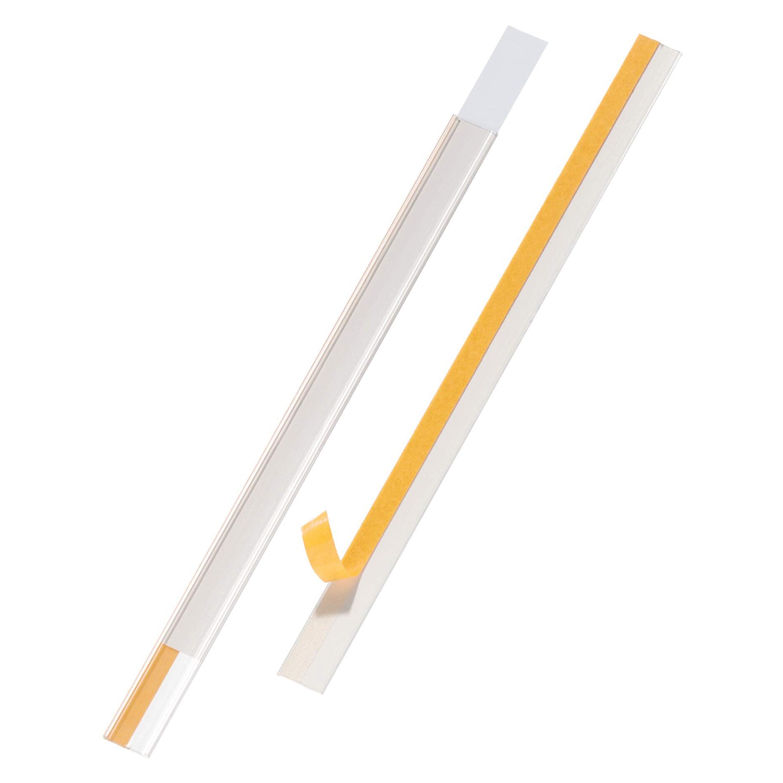 Studio product image of the Durable Scanfix Self Adhesive Label Strip with transparent plastic profile, self adhesive backing and removable insert displayed against a clean white background.