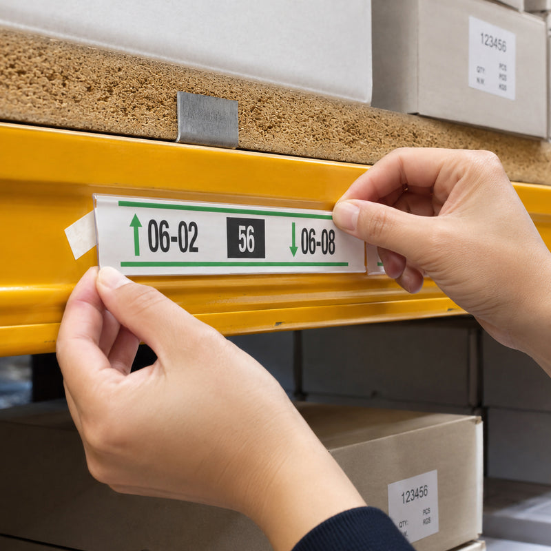 Close up of hands applying the Durable Scanfix Self Adhesive Label Strip to industrial warehouse shelving while inserting a printed location label through the top opening for quick identification updates.
