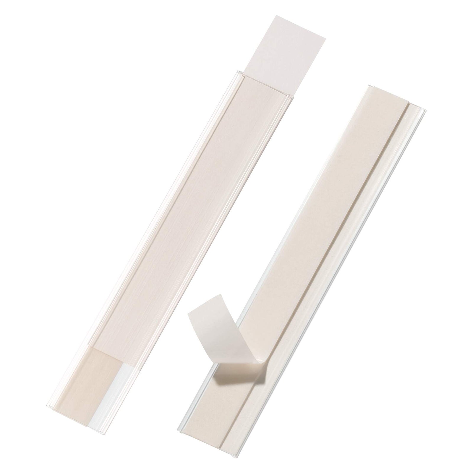 Studio product image of the Durable Scanfix Self Adhesive Label Strip showing the transparent plastic profile, blank insert and self adhesive backing against a clean white background.