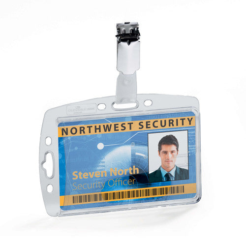 Durable clear security pass holder showing rotating clip fastener and thumb slot for ID card access