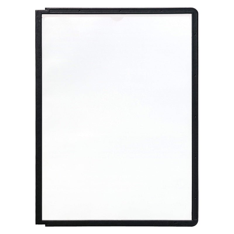Front view of a single Durable Sherpa A4 black display panel against a white background showing the anti glare viewing surface, top opening for document insertion and fully enclosed protective frame for everyday professional use.