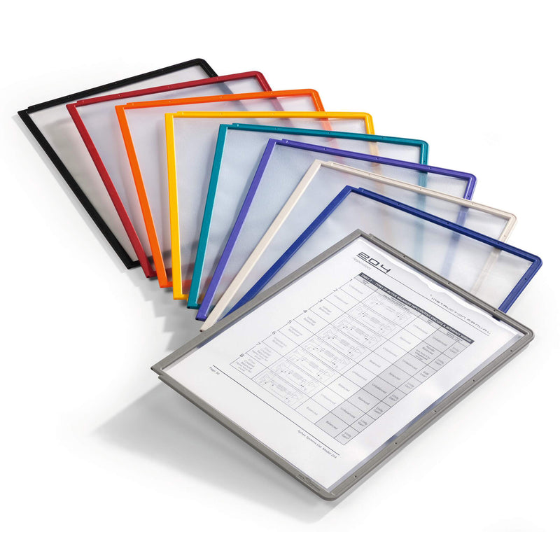 A range of Durable Sherpa display panels in multiple frame colours arranged on a clean white background, with the black panel shown alongside other available colours to illustrate the product range and professional design.