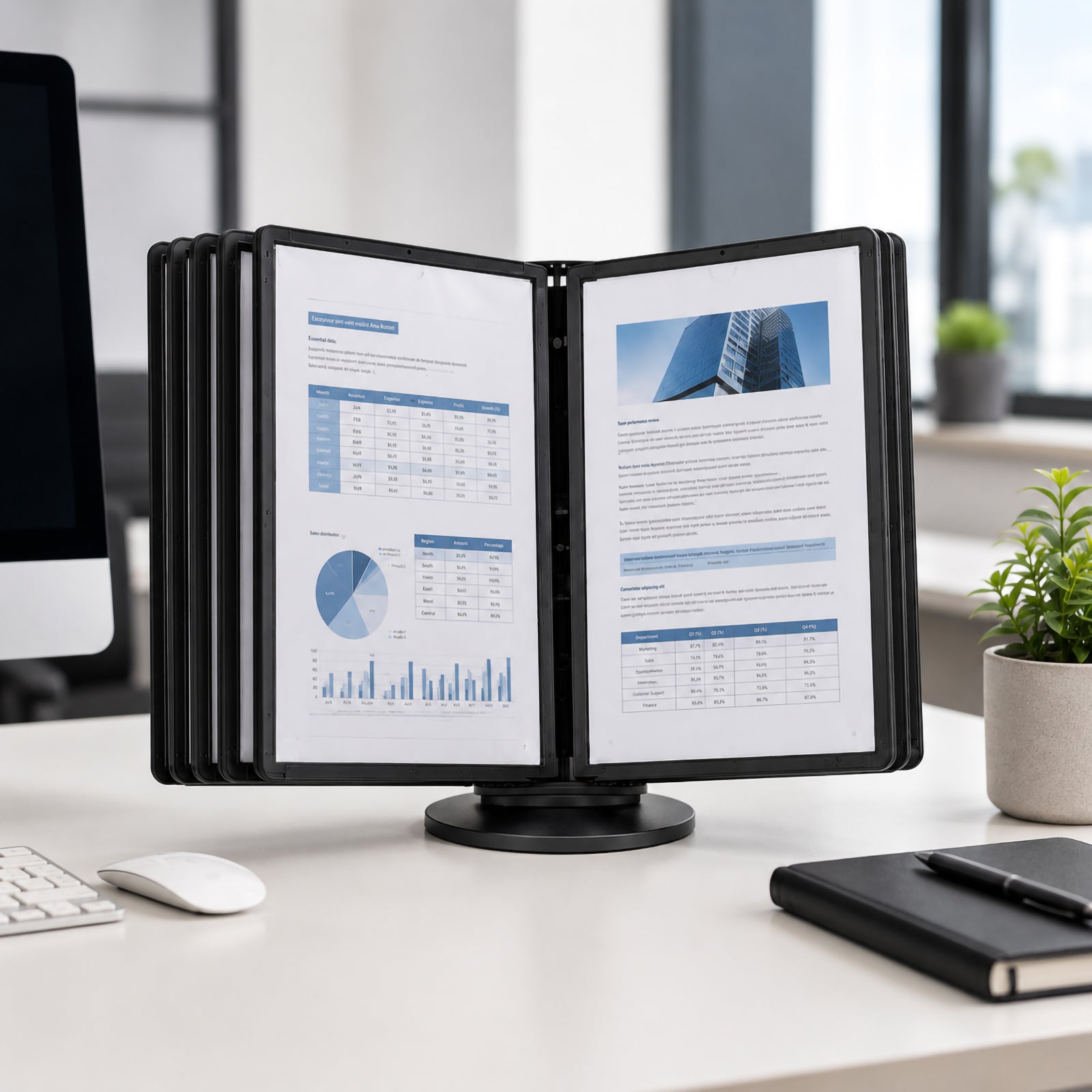 Multiple Durable Sherpa black display panels installed in a desktop SHERPA display system presenting reports, charts and business documents. The image demonstrates efficient document access for offices, reception desks and customer service counters.