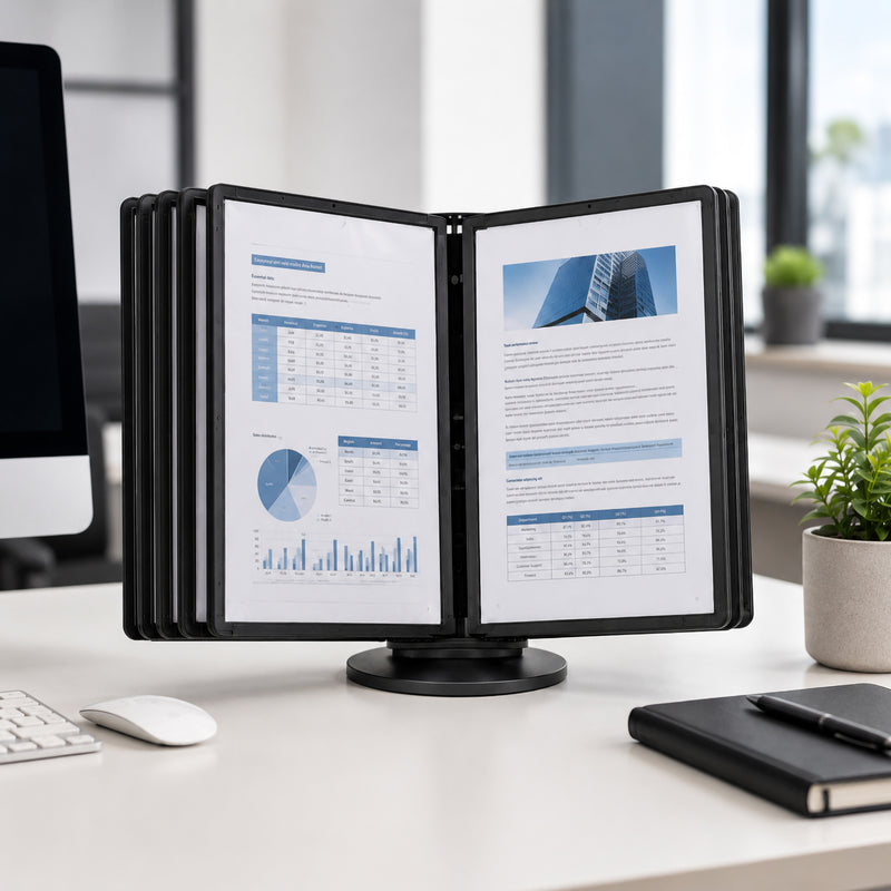 Multiple Durable Sherpa black display panels installed in a desktop SHERPA display system presenting reports, charts and business documents. The image demonstrates efficient document access for offices, reception desks and customer service counters.