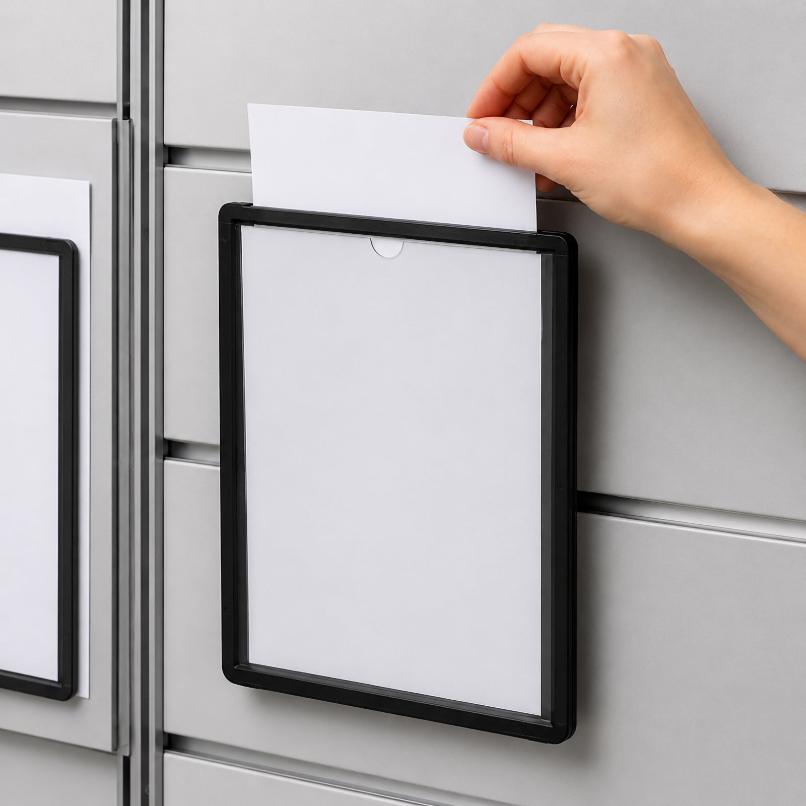 A hand inserts an A4 document into a Durable Sherpa black display panel mounted on an office cabinet. The image highlights the convenient top loading design, sturdy black frame and suitability for displaying frequently updated workplace notices and information.