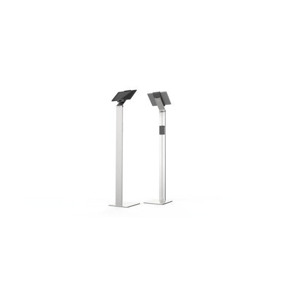 Two tablet floor stands side by side, one with a tablet in landscape and one in portrait