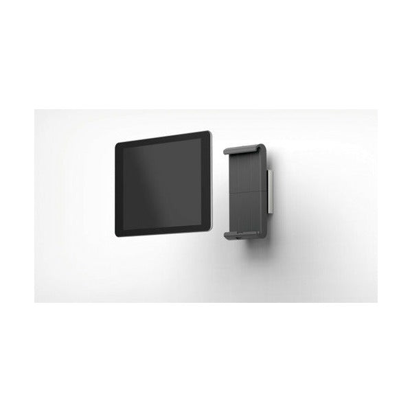 Durable TABLET HOLDER WALL in silver beside a separate tablet against a white wall