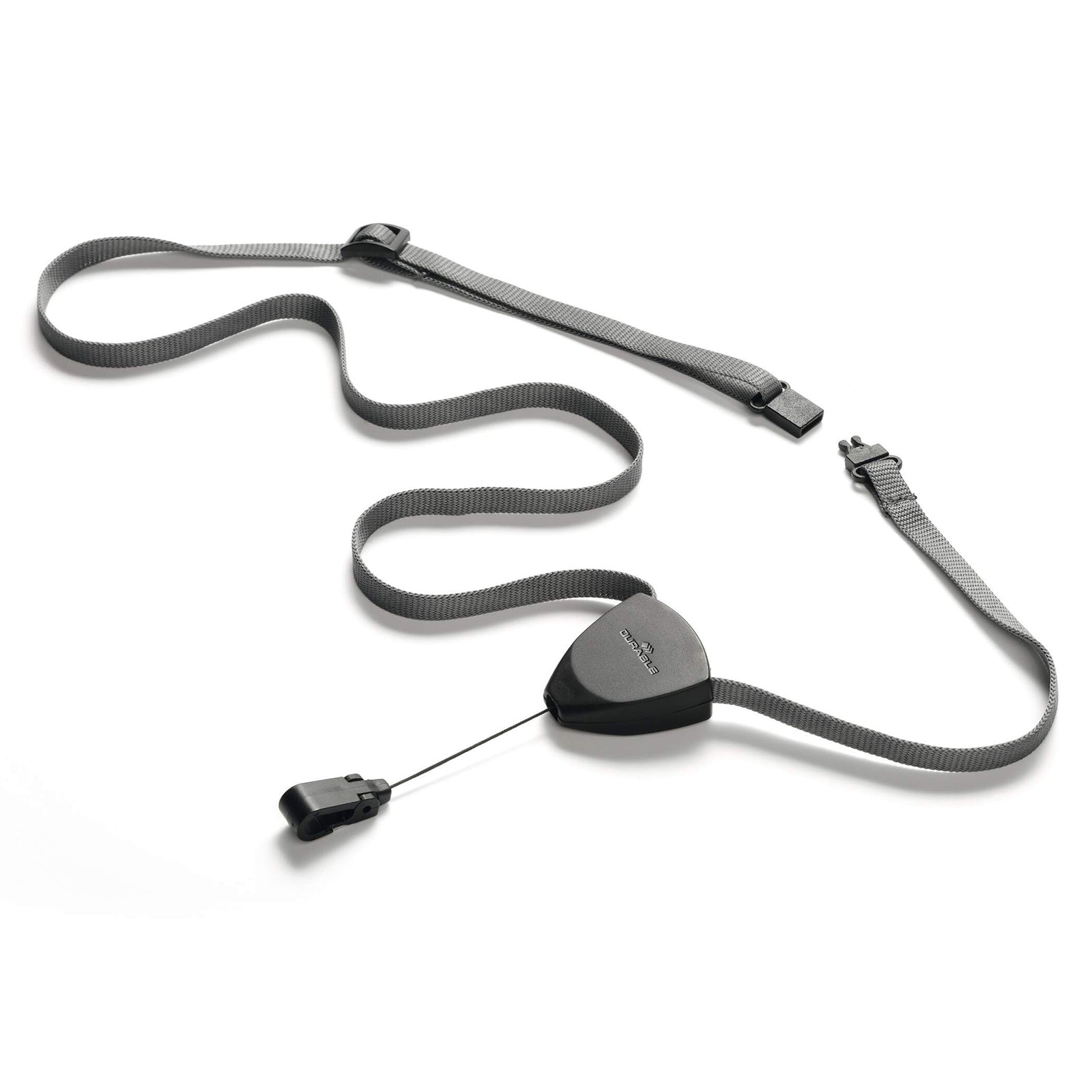 The Durable Textile Lanyard Flex displayed with the breakaway safety connector separated, clearly demonstrating the detachable safety feature, adjustable textile strap and retractable badge reel for professional workplace use.