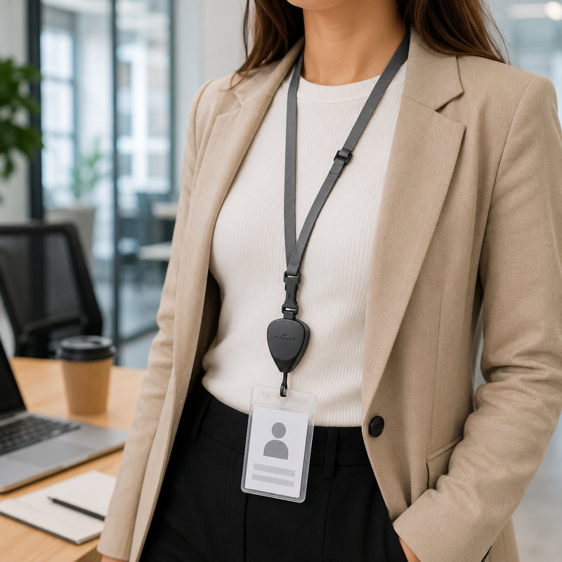 Close up of a business professional wearing the Durable Textile Lanyard Flex with a retractable badge reel attached to a clear ID card holder. The image highlights the adjustable grey textile strap, safety breakaway clasp and premium office appearance.