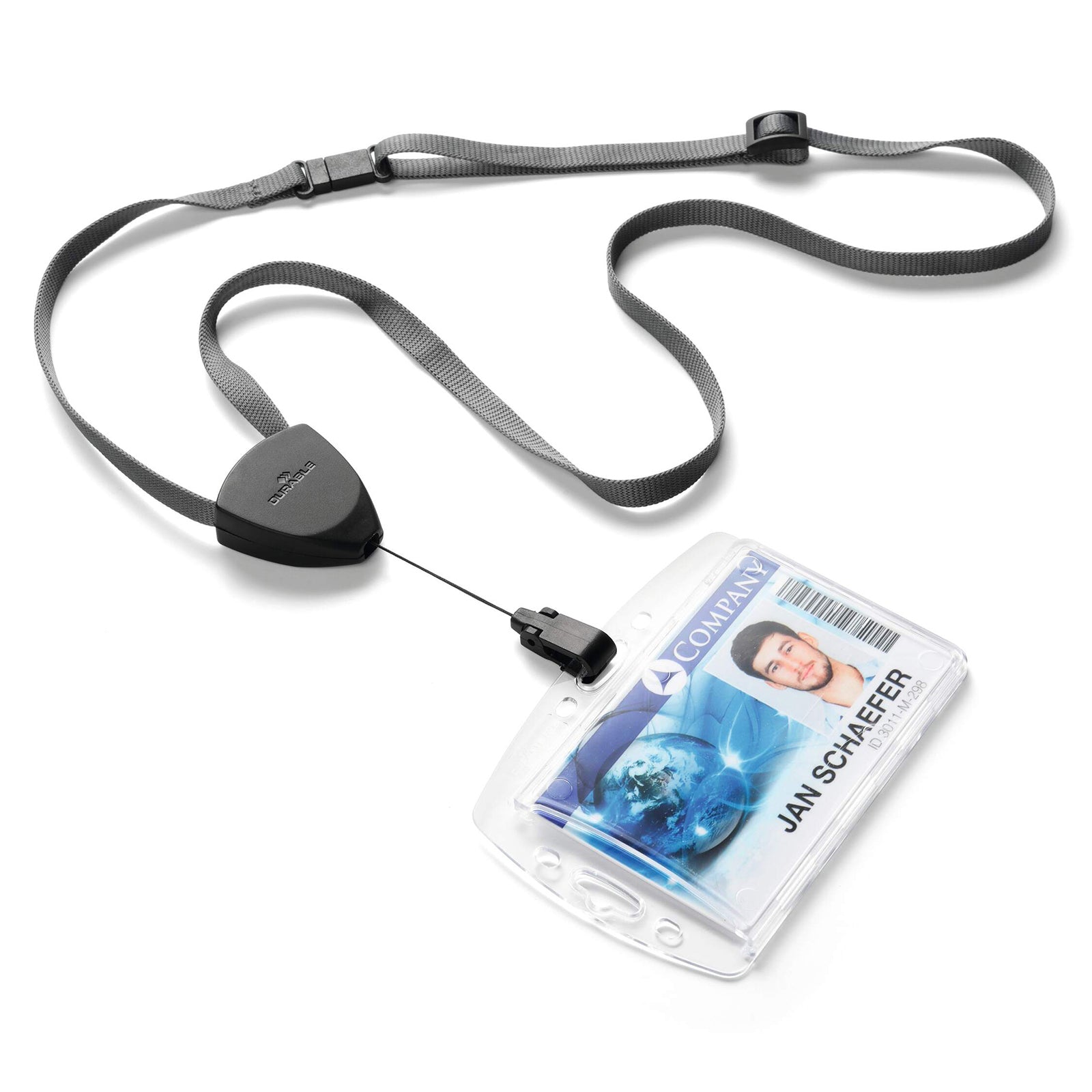 Studio product image displaying the Durable Textile Lanyard Flex connected to a clear identification badge holder. The retractable badge reel, adjustable grey strap and compact black housing are presented against a clean white background.