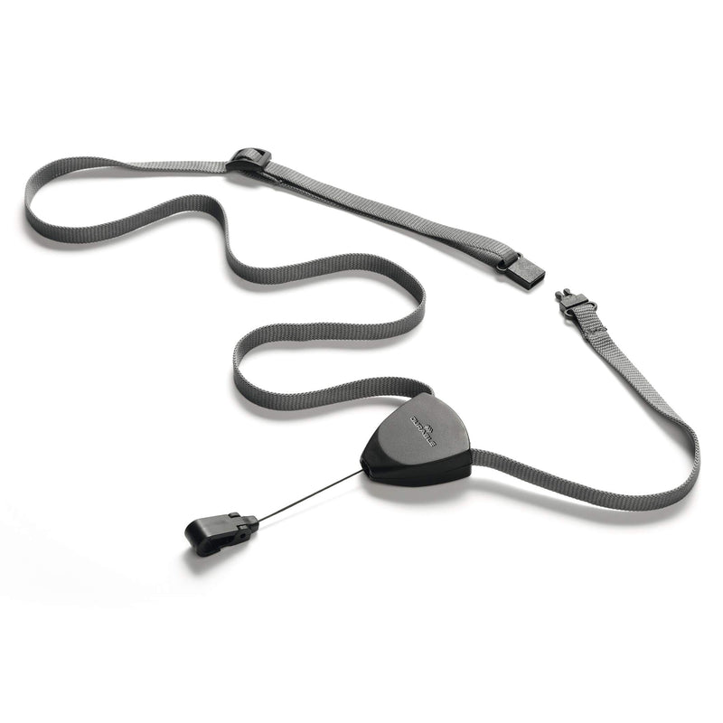 Front product view showing the Durable Textile Lanyard Flex with detachable safety breakaway connector separated from the adjustable strap. The layout clearly illustrates the safety mechanism and retractable badge reel components.