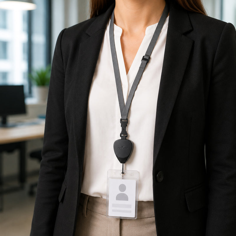 Business professional wearing the Durable Textile Lanyard Flex with an ID badge in a modern office environment. The adjustable grey textile strap, integrated retractable badge reel and secure breakaway closure provide comfortable all day identification for staff.