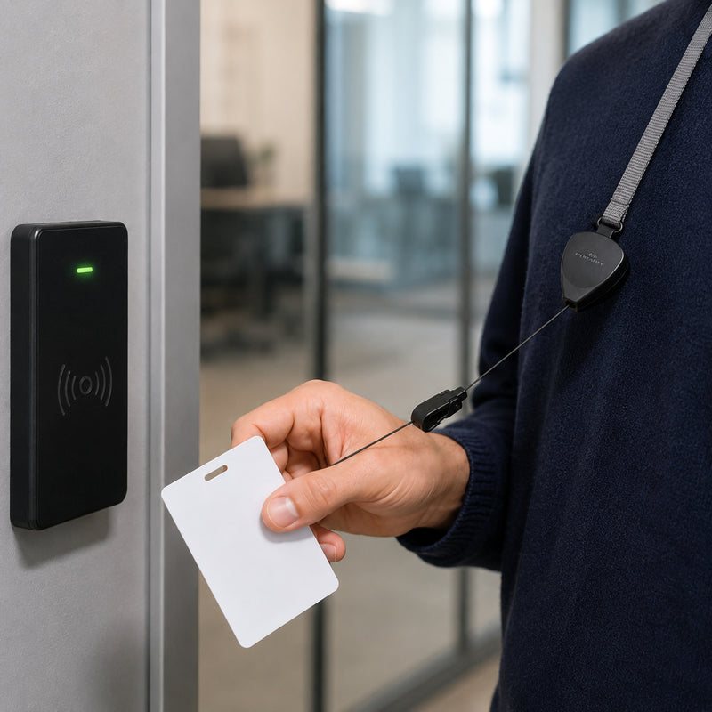 Professional using the Durable Textile Lanyard Flex to present an access card at a secure office entry reader. The retractable badge reel extends smoothly while the comfortable grey textile lanyard remains securely around the neck, demonstrating convenient everyday workplace access.