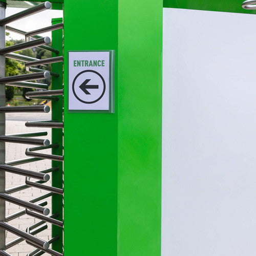 Durable A4 magnetic pocket displayed in landscape orientation on a metal gate