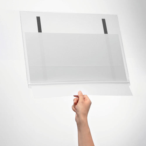Durable A3 display pocket mounted in landscape orientation on a metal notice board
