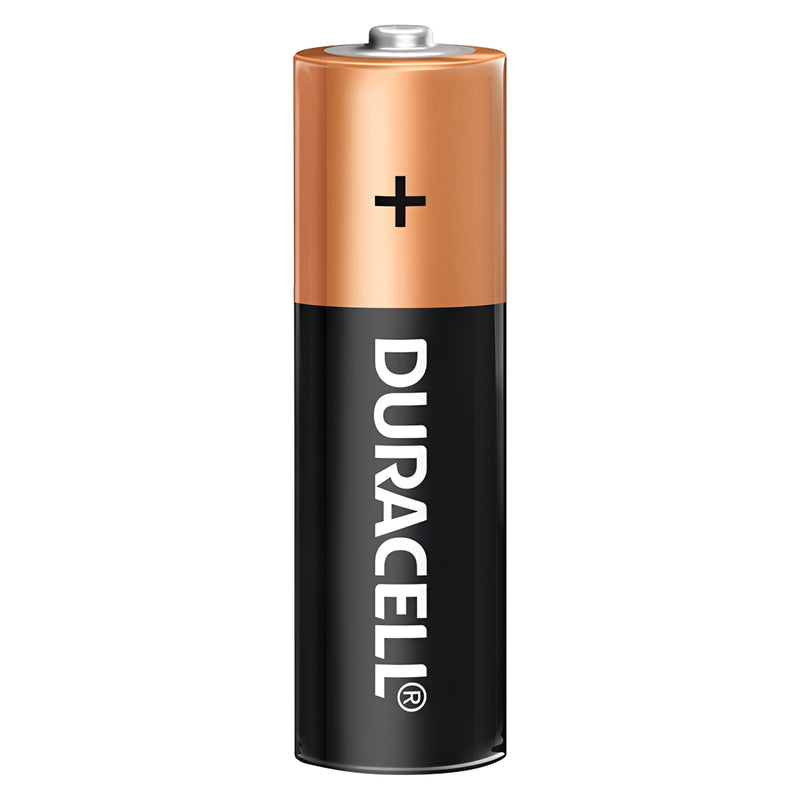 Front studio view of one Duracell Coppertop AA alkaline battery against a clean white background. The copper positive end, black body, Duracell branding and positive terminal are clearly visible for straightforward product identification.