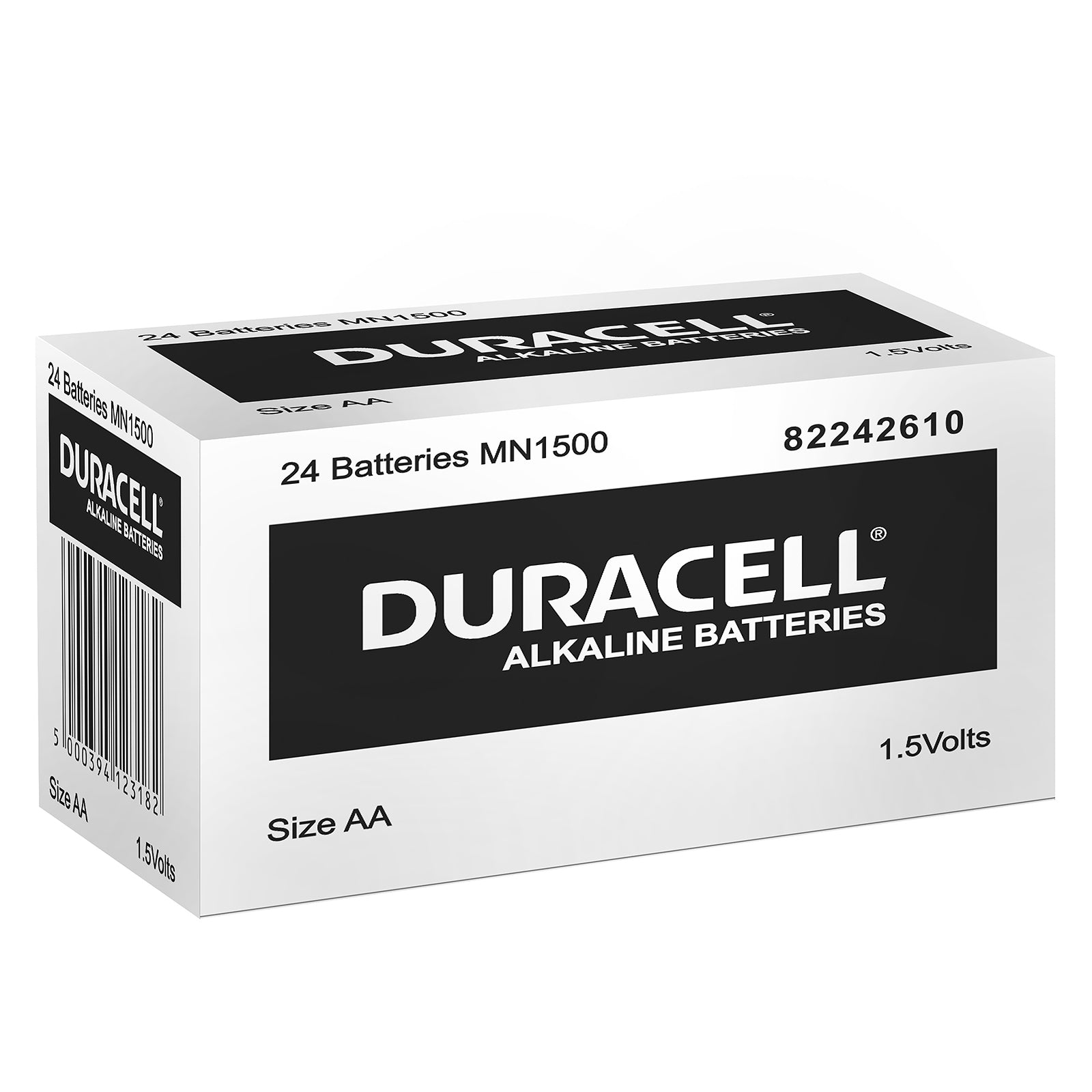 Studio product image showing the Duracell Coppertop alkaline battery box containing 24 MN1500 AA batteries. The white and black carton displays the Duracell branding, AA size, 1.5V rating and product identification details against a plain white background.