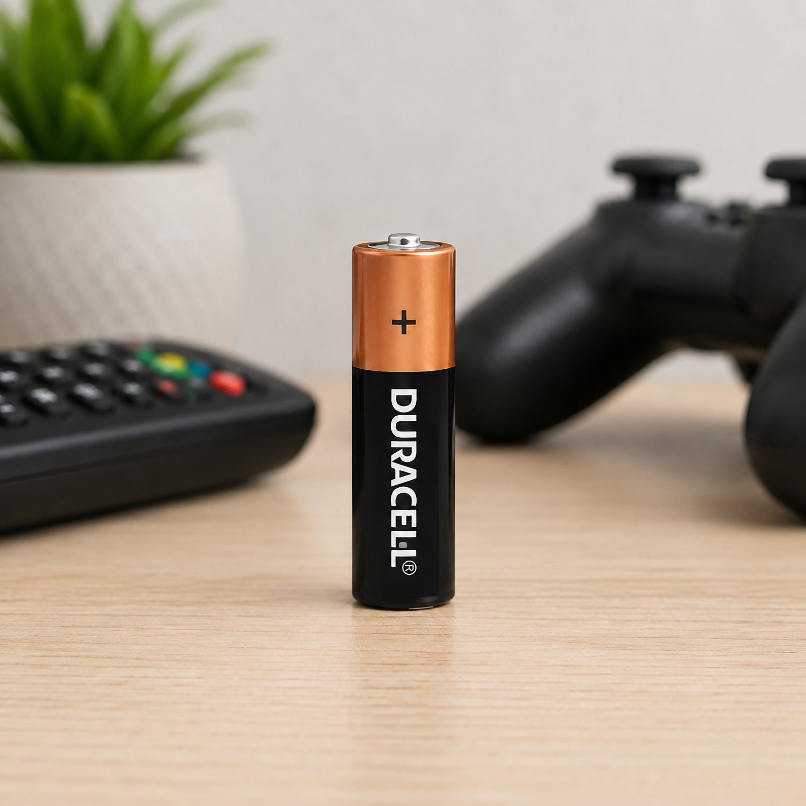 Single Duracell Coppertop AA alkaline battery standing upright on a timber surface with a remote control and gaming controller softly blurred in the background. The lifestyle scene demonstrates its suitability for common household entertainment and electronic devices.