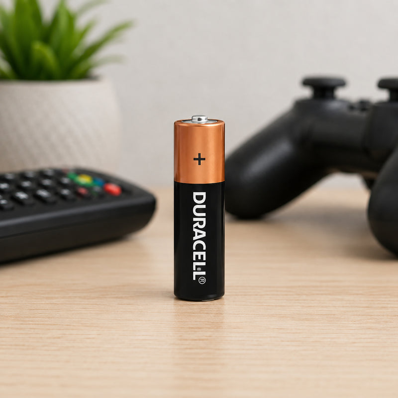 Single Duracell Coppertop AA alkaline battery standing upright on a timber surface with a remote control and gaming controller softly blurred in the background. The lifestyle scene demonstrates its suitability for common household entertainment and electronic devices.