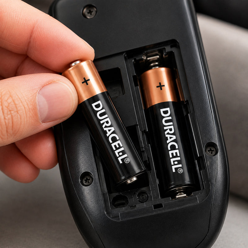 Close up of a Duracell Coppertop AA battery being inserted into the open battery compartment of a black electronic device. A second AA battery is already installed, clearly demonstrating the familiar copper and black Duracell design and practical everyday use.
