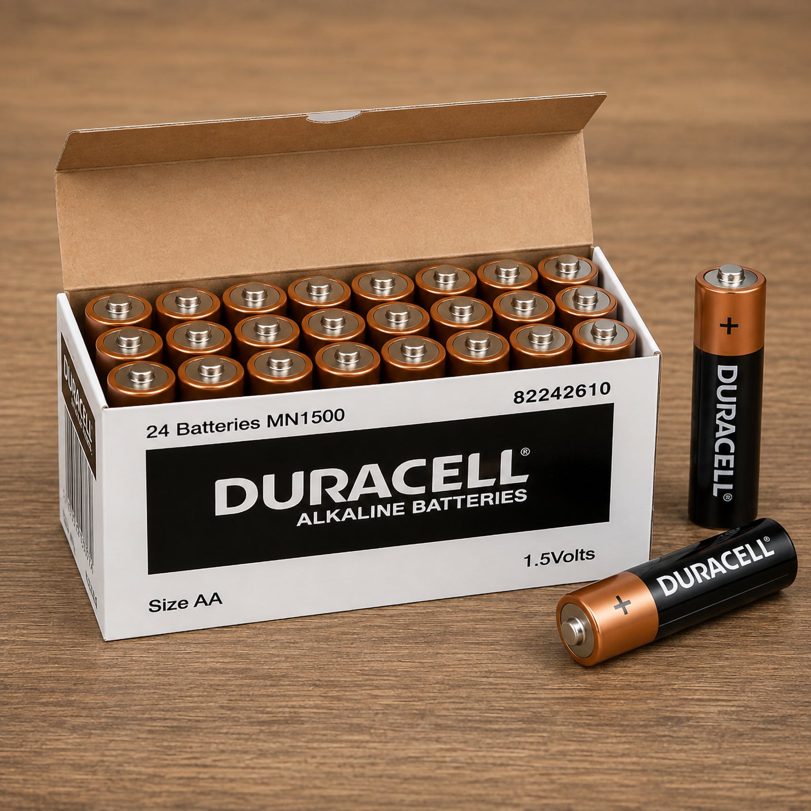 Open box containing 24 Duracell Coppertop AA alkaline batteries displayed on a timber surface, with two individual batteries positioned beside the carton. The packaging identifies the MN1500 battery type, AA size and 1.5V specification for clear product recognition.