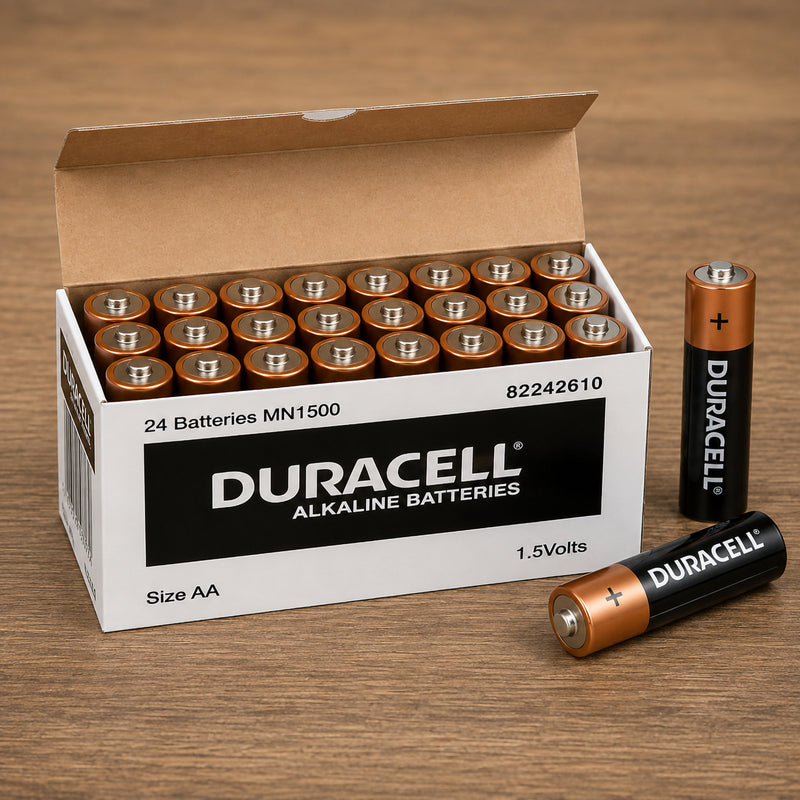Open box containing 24 Duracell Coppertop AA alkaline batteries displayed on a timber surface, with two individual batteries positioned beside the carton. The packaging identifies the MN1500 battery type, AA size and 1.5V specification for clear product recognition.