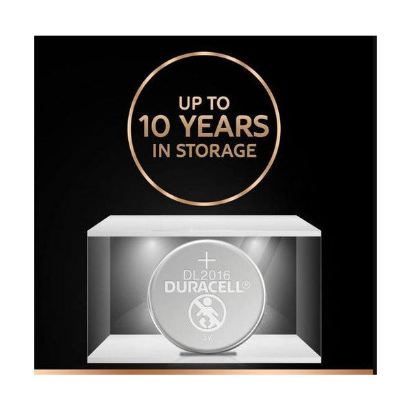 Duracell 2016 battery size 20 x 1.6mm next to compatible devices including a watch