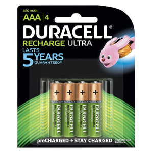 Duracell Recharge Ultra AAA rechargeable batteries on a card of 4 printed 850 mAh, green and copper cells under the Duracell logo with the pink Duracell bunny