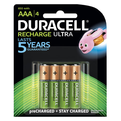 Duracell Rechargeable AAA NiMH batteries pack of 4 on white background