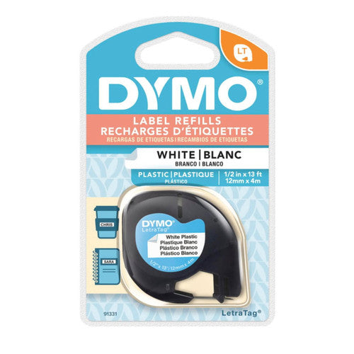 Dymo LetraTag plastic label tape 12mm x 4m black on white moisture resistant single roll