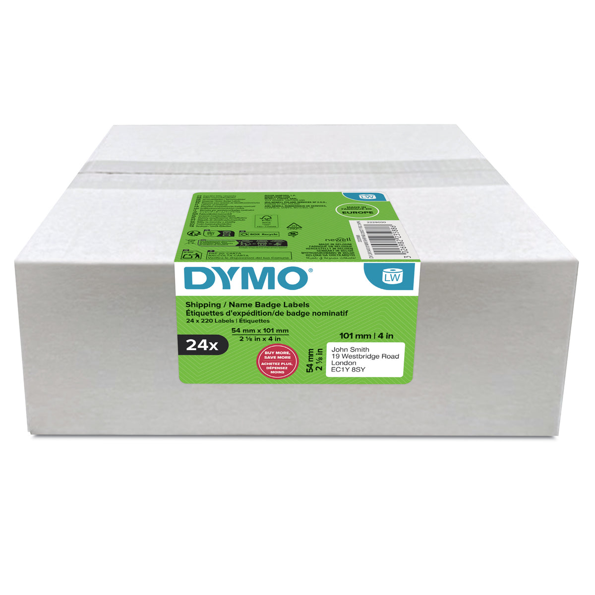 Dymo 2223588 carton of 24 LabelWriter shipping label rolls, 54 x 101mm