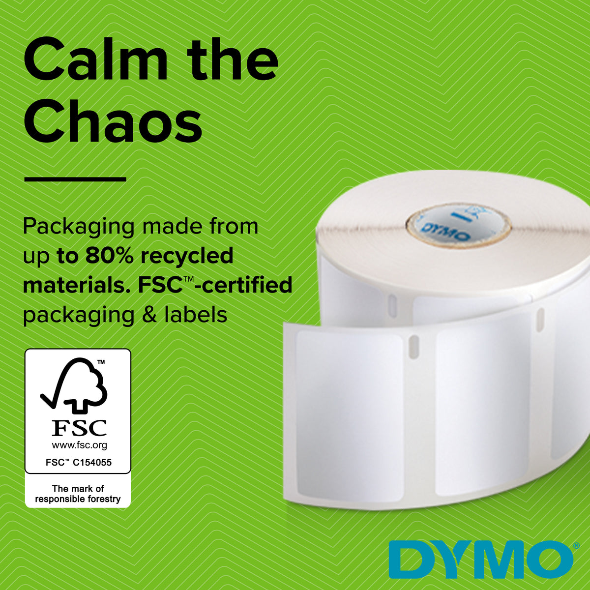 Roll of Dymo LabelWriter labels with FSC certified packaging details